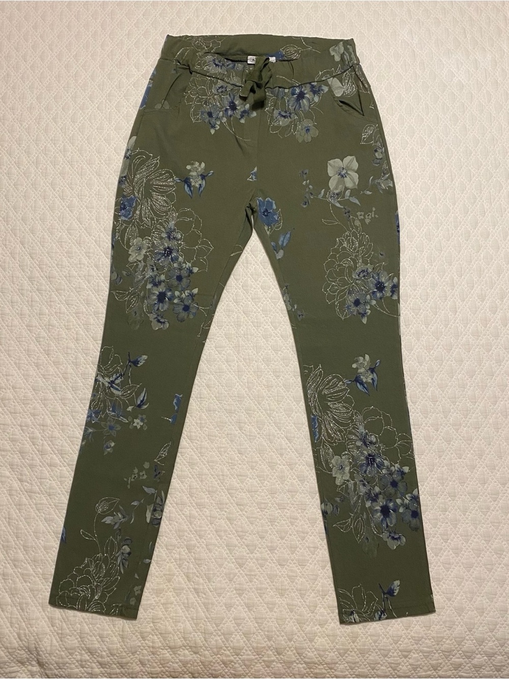 Gorgeous Olive Blue Floral Skinny Pants - Italy